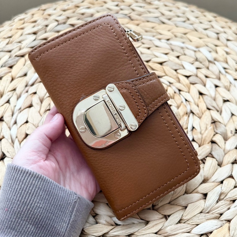 Michael Kors genuine cognac brown leather flip open wallet with buckle